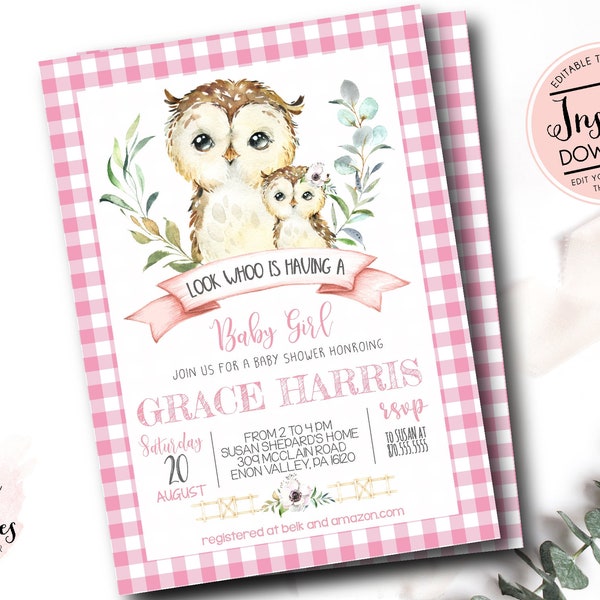 owl baby shower invitation, look who is having a baby girl, ts a girl baby Shower, pink gingham owl, INSTANT download edit yourself, blush