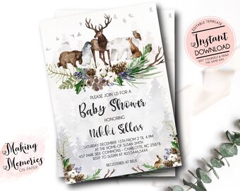 Winter woodland Baby Shower Invitation, woodland Invitation, Winter baby Invite, Woodland animals Invitation, deer, templett, bear, fox