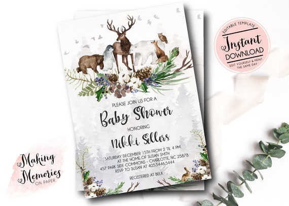 Winter woodland Baby Shower Invitation, woodland Invitation, Winter baby Invite, Woodland animals Invitation, deer, templett, bear, fox