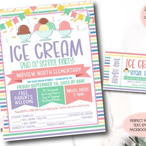 Ice Cream Social Flyer, end of school ice cream social,  Ice Cream School party, Church Ice Cream  Flyer, Editable Ice cream party invite