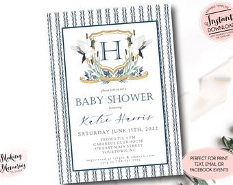 Duck Baby Shower Invitation, Mallard Duck Baby shower invite, duck hunting shower, Edit yourself Instant Download, Crest Monogram Invitation