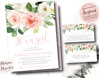Girl Baby Shower Invitation, Its a girl baby shower invite, baby shower set, book diaper thank you, INSTANT download edit yourself et3