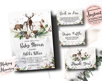 Winter Baby Shower Invitation set, Woodland baby shower Invitation, Winter animals baby Invite, Woodland animals, Instant Download