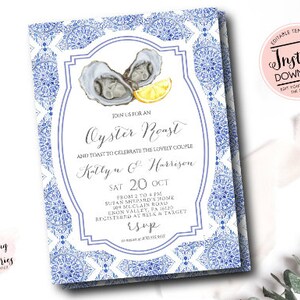 May include: Blue and white patterned invitation for an oyster roast to celebrate Katlyn and Harrison. The invitation features a watercolor illustration of two oysters and a lemon slice. The event is scheduled for Saturday, October 20th from 2 to 4 PM at Susan Shepard's home in Enon Valley, PA. RSVP information is included.