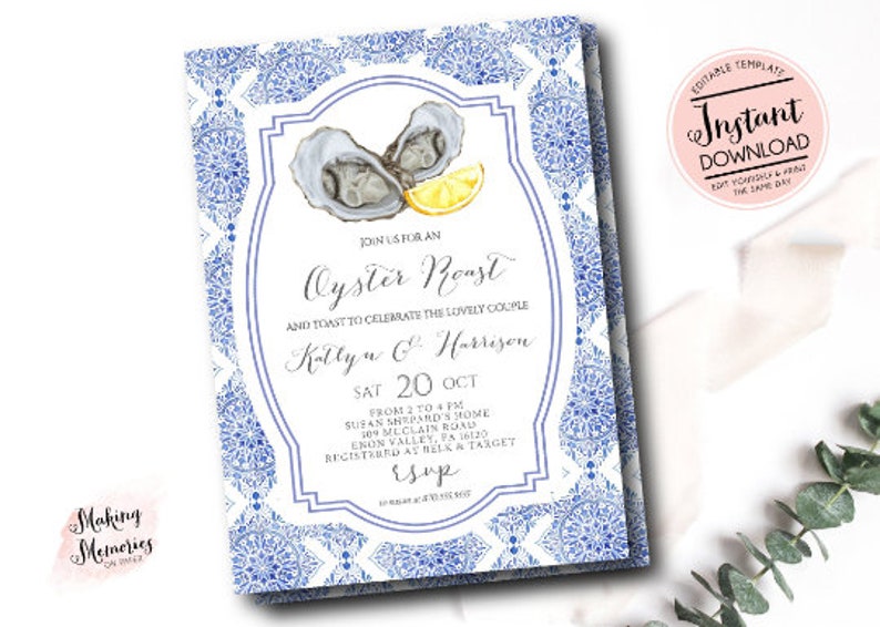 May include: Blue and white patterned invitation for an oyster roast to celebrate Katlyn and Harrison. The invitation features a watercolor illustration of two oysters and a lemon slice. The event is scheduled for Saturday, October 20th from 2 to 4 PM at Susan Shepard's home in Enon Valley, PA. RSVP information is included.