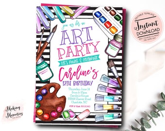 Art Birthday Party Invitation, Art Party invitation, Paint Party, Paint Birthday, art party Template,Girl Birthday Invitation, Instant
