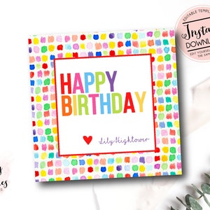 Personalized Happy birthday Enclosure cards, Personalized gift tags, colorful Rainbow gift tags, Bright Printable Happy Birthday card