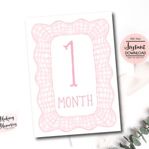 Tarjetas mensuales de hitos para niña, tarjetas mensuales de hitos con acuarela y cuadros vichy para niña, tarjetas de hitos sureños, descarga instantánea preppy