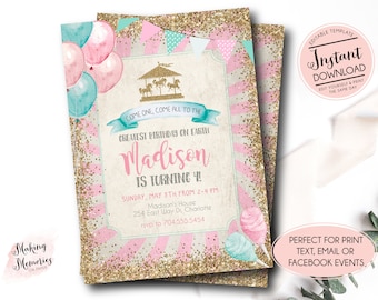 Pink Carnival Birthday Invitation, Girl Circus Birthday Invitation, Edit yourself instant download circus invite, Circus first birthday
