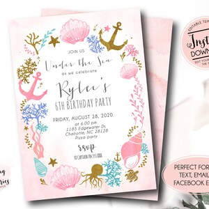 Ozean-Geburtstags-Party Einladung, Mädchen-Ozean-Geburtstagsfeier, Mädchen-Geburtstags-Party, rosa nautisches, rosa Meeres-Geburtstagseinladung, Sofort