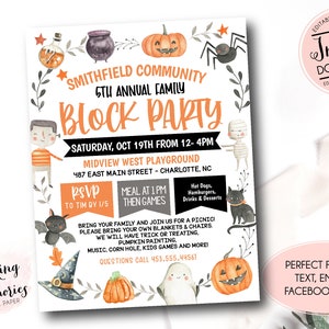 Dépliant d'Halloween, dépliant d'automne pour une fête de quartier, astuce de quartier pour Halloween ou invitation à une friandise, barbecue de quartier
