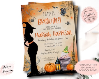 May include: Halloween-themed baby shower invitation with the text "A Baby is Brewing" and details for Mariah Harrison's shower. The design features a witch silhouette, pumpkins, bats, and a cauldron.