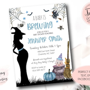 Printable Halloween baby shower, A Baby is brewing baby shower, little boo, blue baby brewing halloween invitation, boy, instant download