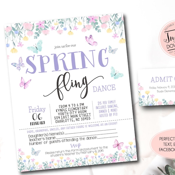 Spring Fling Dance Flyer, School Dance Invite, Editable School Dance Invitation, flowers School Dance Flyer, Sping Dance invitation template