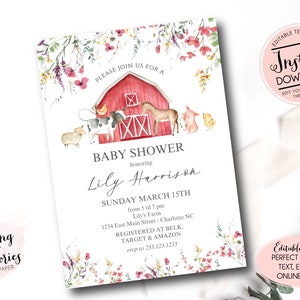 Editable Farm Baby Shower invitation, girl farm baby shower invite, wildflower baby shower invitation, EditableTemplate Instant Download