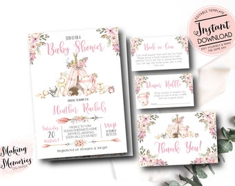 Puede incluir: Conjunto de invitaciones imprimibles para una baby shower con temática de bosque. La invitación presenta una tipi rosa con animales y flores. El conjunto incluye una tarjeta de libro en lugar de regalo, una tarjeta de rifa de pañales y una tarjeta de agradecimiento.