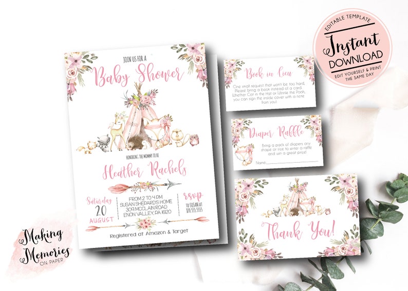 Girl Woodland Baby Shower Invitation Kit Woodland Invitation Etsy