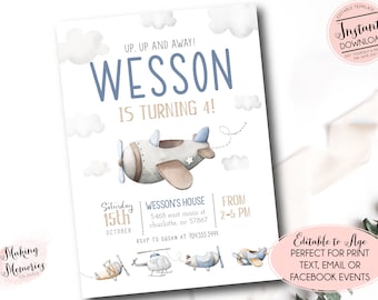 Editable Airplane birthday invitation, Up Up and Away Party, Transportation Birthday Invitation, Airplane Invitation, Aviation, Instant