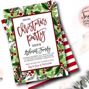 Christmas Party Invitation, Editable Invitation, Holiday Party Invite, Holly, Printable Invitation, Instant Download, Kraft Christmas Invite