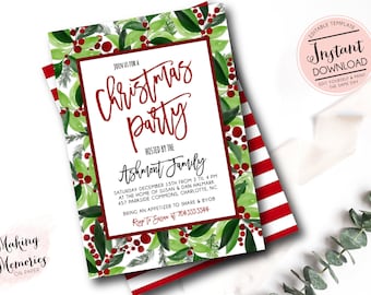 May include: Christmas party invitation with a festive design. The invitation features a red border and text, with a watercolor pattern of green leaves and red berries. The text reads "Christmas Party" and includes event details.