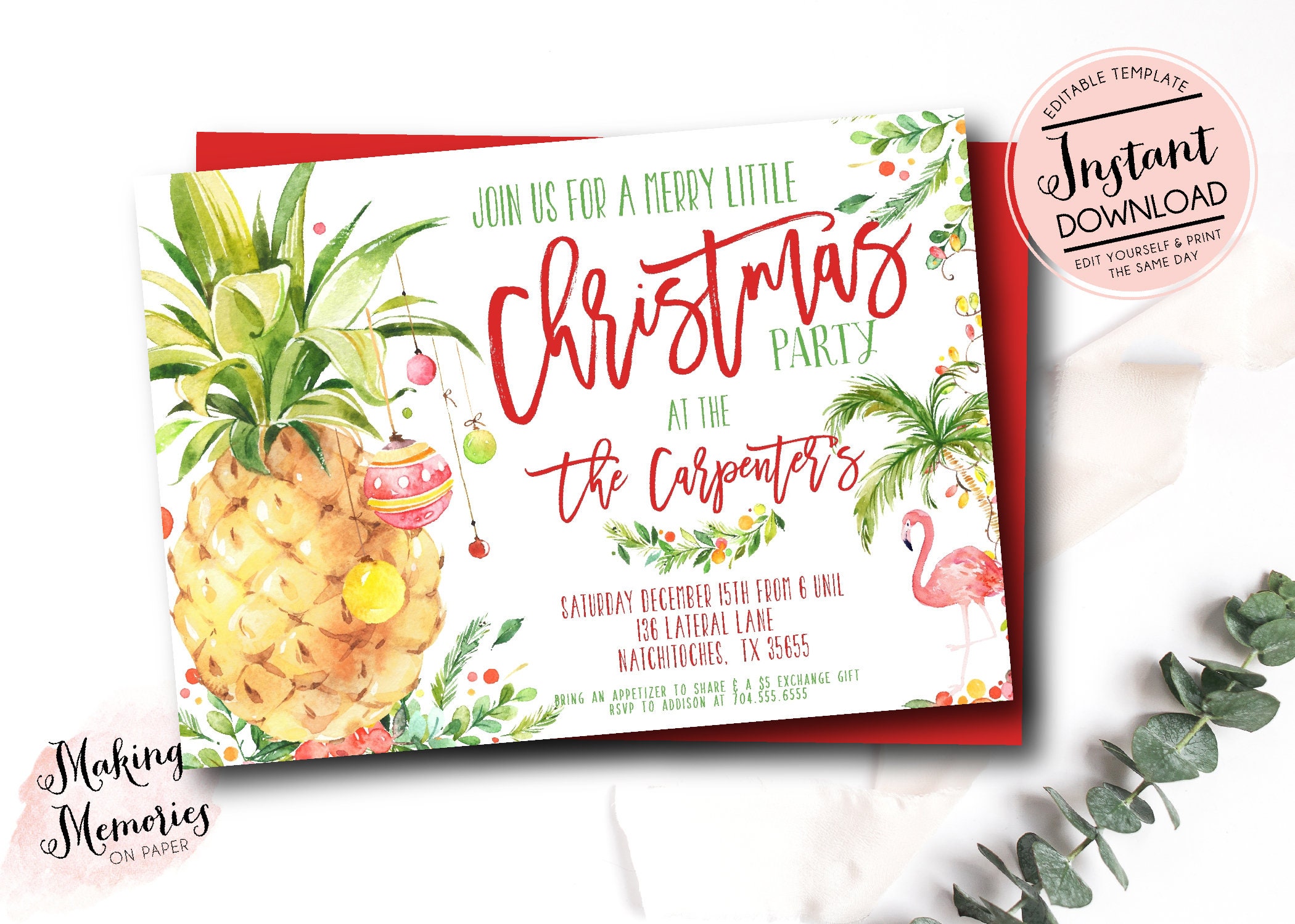 Tropical Christmas Invitation Pineapple Christmas Invite Etsy