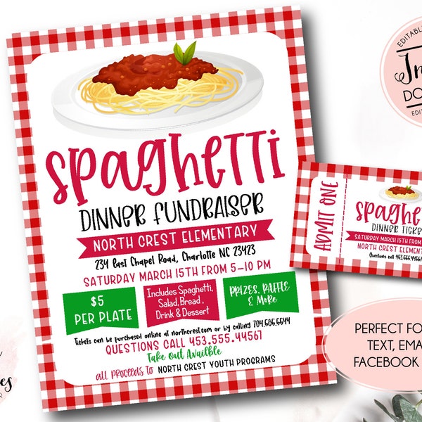 Spaghetti Dinner Flyer, Editable Spaghetti fundraiser invitation, pto pta Church School Charity fundraiser, Spaghetti dinner ticket