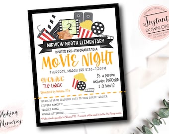 Op de afbeelding: Een zwart-witte printbare flyer voor een film avond in Midview North Elementary. De flyer heeft een cartoon illustratie van filmrollen, popcorn en kaartjes. Het evenement is voor leerlingen van de 3e tot en met de 5e klas en zal de film "The Lorax" vertonen. De flyer bevat de datum, tijd en prijs van het evenement.