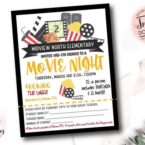 School movie fundraiser, PTO PTA Movie Fundraiser Template, Afterschool movie fundraiser flyer, family movie night, school fundraiser Flyer