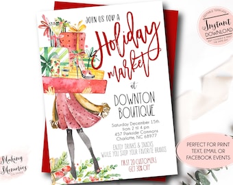 May include: A watercolor illustration of a woman carrying a stack of wrapped gifts. The text reads "Join us for a Holiday Market at Downton Boutique, Saturday December 15th from 2 til 4 pm, 457 Parkside Commons, Charlotte, NC 68977. Enjoy drinks & snacks while you shop your favorite brands. First 20 customers get 30% off."