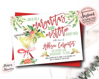 Può includere: Un invito per le feste con la scritta "Margaritas and Mistletoe". Il design include un'illustrazione ad acquerello di un margarita e vegetazione decorativa. L'invito è su sfondo bianco con una busta rossa.
