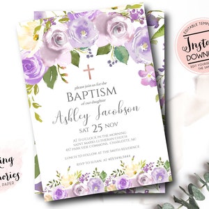 lavender Baptism invitation, First Communion Invite, INSTANT download, Floral Invitation, DIY, Invite, edit yourself, purple baptism