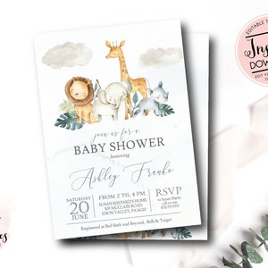 May include: A watercolor baby shower invitation with a jungle theme. The invitation features a lion, giraffe, elephant, and rhinoceros. The text on the invitation reads "join us for a baby shower honoring Ashley Franko. Saturday, June 20, from 2 til 4 pm. Susan Shepards Home, 309 Moclain Road, Enon Valley, PA 14210. RSVP to Susan Marks, call or text 870-011-0115. Registered at Bed Bath and Beyond, Belk & Target."
