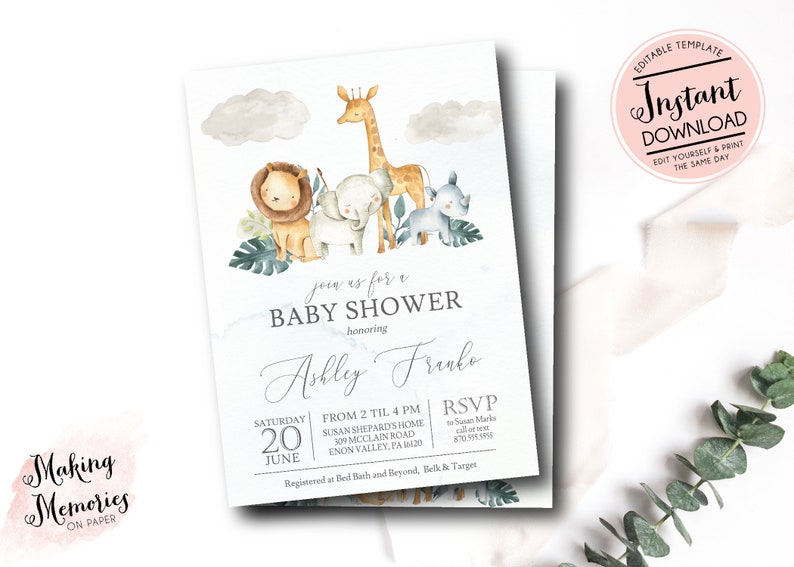 May include: A watercolor baby shower invitation with a jungle theme. The invitation features a lion, giraffe, elephant, and rhinoceros. The text on the invitation reads "join us for a baby shower honoring Ashley Franko. Saturday, June 20, from 2 til 4 pm. Susan Shepards Home, 309 Moclain Road, Enon Valley, PA 14210. RSVP to Susan Marks, call or text 870-011-0115. Registered at Bed Bath and Beyond, Belk & Target."