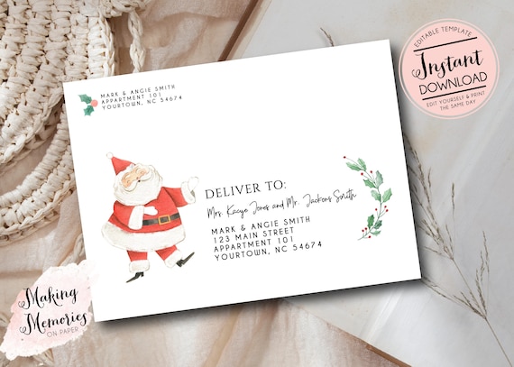 Modèle d'enveloppe de Noël modifiable du Père Noël, Enveloppes de Noël  adressées, Adressage du destinataire, Adressage d'enveloppe, Téléchargement  instantané, -  France