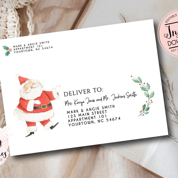 Santa Editable Christmas envelope template, Addressed Christmas Envelopes, Recipient Addressing, Envelope Addressing, Instant Download,
