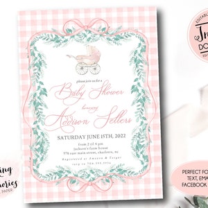 Baby carriage shower invitation,  Girl Baby Shower, Preppy Southern baby shower invite, Pink Stroller baby shower, Editable Girl Shower