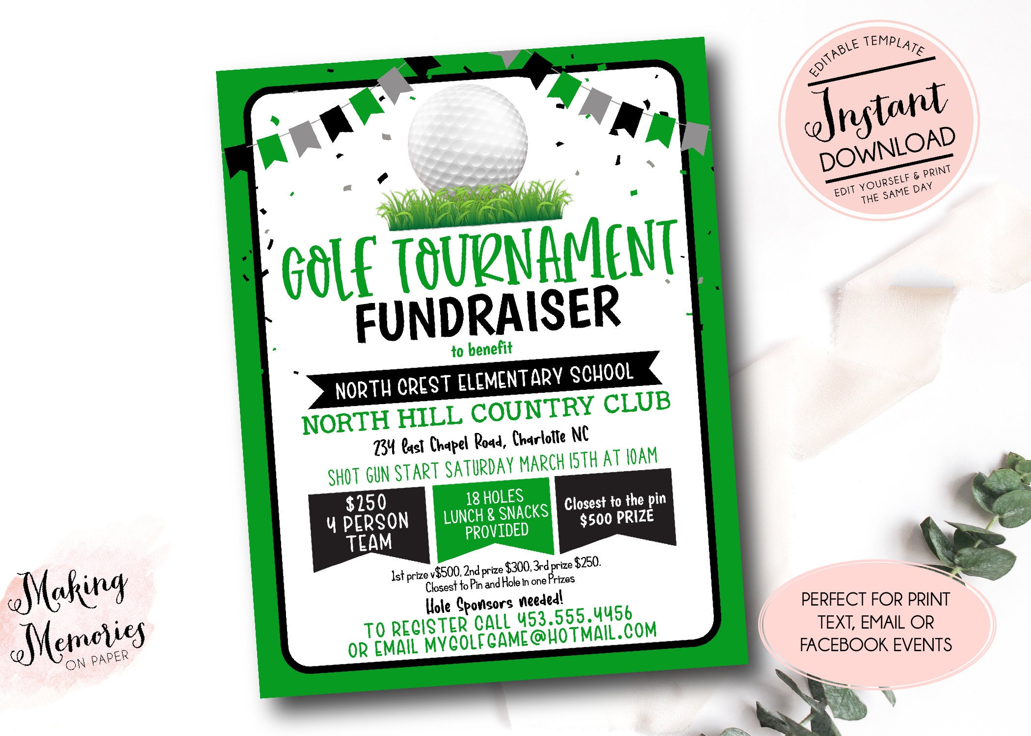 Golf tournament Fundraiser Flyer, Editable Golf Tournament Template, pto church School Charit Fundraiser, golf tournament Advertisement
