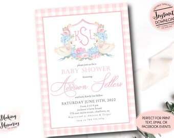 May include: Pink and white gingham baby shower invitation with a watercolor illustration of two swans and floral accents. The invitation includes the text "K.S.L." for the baby's initials, "Baby Shower", "Addison Sellers", and the date and time of the event.