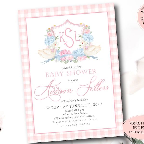 Swan baby shower Invitation, Swan Invitation, Baby Shower Invite, Watercolor Swan, Monogram Swan Invitation, Preppy Crest monogram shower