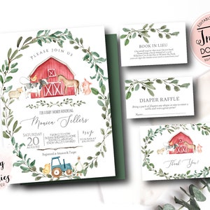 Farm baby shower invitation set,  greenery farm book cards,  boy farm Baby Shower Invitation set, farm Invitation, Editable instant download