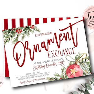 Ornament Exchange Christmas Party Invitation, Editable Invitation, Holiday Party Invite, Holly, Printable Invitation, Instant Download