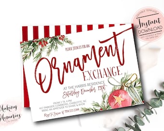 Ornament Exchange Christmas Party Invitation, Editable Invitation, Holiday Party Invite, Holly, Printable Invitation, Instant Download