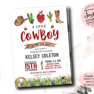 Cowboy-Babyparty-Einladung, Western-Babyparty einladen, Wild-West-Babyshower, bearbeitbare Western Rodeo-Babypartyvorlage, sofort verfügbar