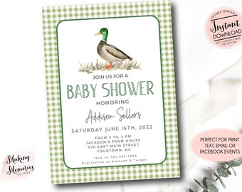 Duck Baby Shower Invitation, Mallard Duck Baby shower invite, duck hunting shower, Edit yourself Instant Download Duck Baby Shower Invite