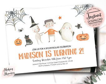 May include: Halloween-themed invitation with watercolor illustrations of a mummy, Frankenstein's monster, ghost, black cat, pumpkin, and bat. The text reads "Madison is Turning 2!" with event details. Includes a spider web design.