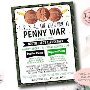 Penny War Fundraiser Flyer, Editable Penny War Template, pto church School Charity Sports Fundraiser, school fundraiser, pto fundrasier