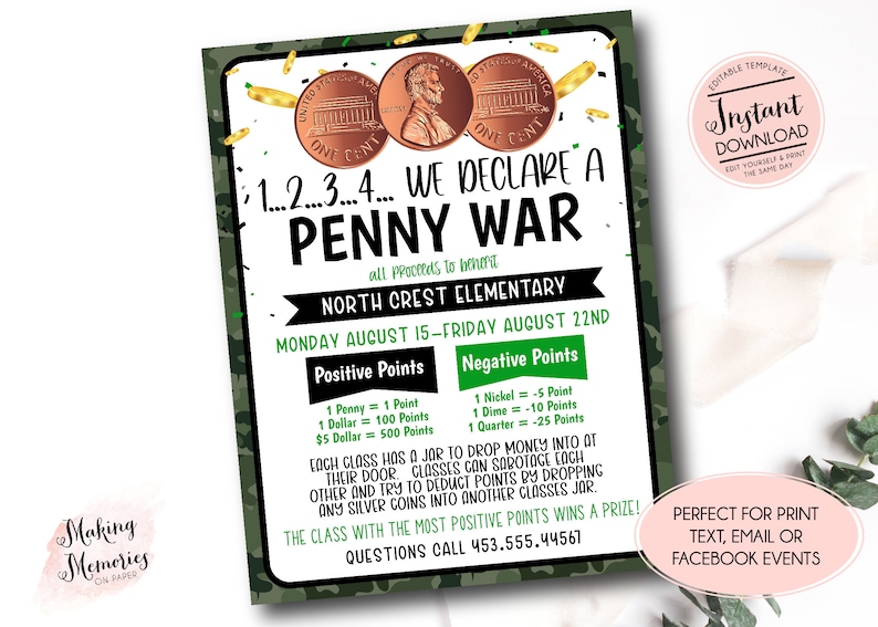 Penny War Fundraiser Flyer, Bearbeitbares Penny War Template, pto church School Charity Sports Fundraiser, Schulfundraiser, pto fundrasier Bild 1