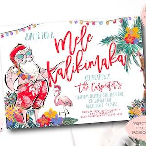 Mele Kalikimaka Christmas invitation, Tropical Christmas Invite, Hawaiian Santa Christmas Invite, Tropical Christmas Holiday Party invite