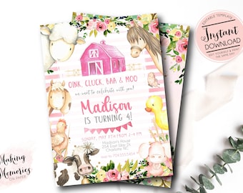Farm Birthday Invitation, girl farm invitation, girl farm invite, yellow girl farm invite, barnyard party, Edit yourself  Instant Download