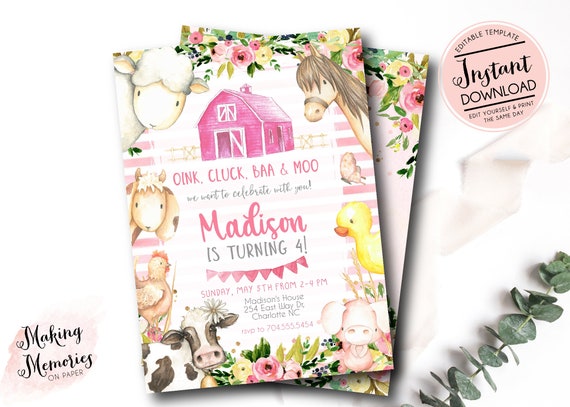 Farm Birthday Invitation, girl farm invitation, girl farm invite, yellow girl farm invite, barnyard party, Edit yourself  Instant Download